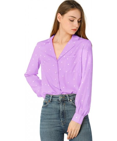 Women's 1950s Vintage Long Sleeve Printed Button Down Tops Purple $15.18 Blouses