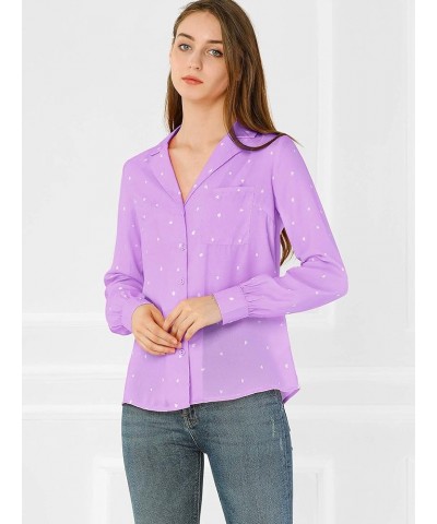 Women's 1950s Vintage Long Sleeve Printed Button Down Tops Purple $15.18 Blouses