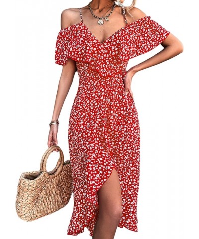 Women's Boho Floral Spaghetti Strap V Neck Off Shoulder Ruffle Hem Warp Midi Dress Red Floral $20.09 Dresses