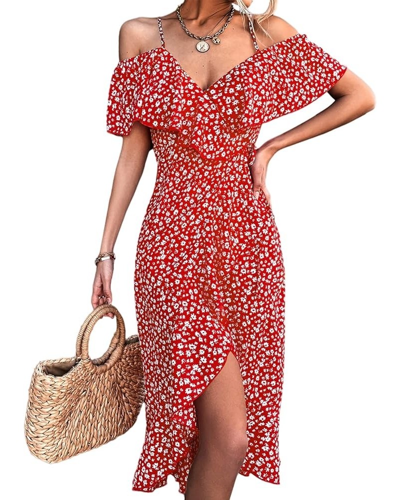 Women's Boho Floral Spaghetti Strap V Neck Off Shoulder Ruffle Hem Warp Midi Dress Red Floral $20.09 Dresses