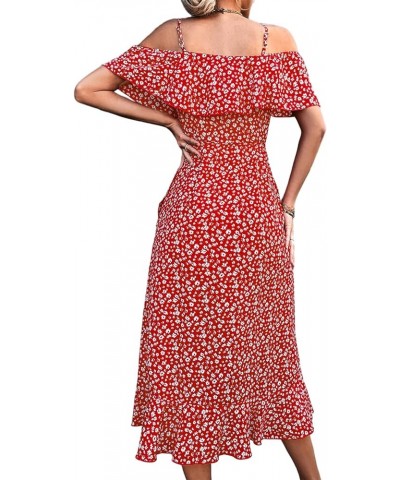 Women's Boho Floral Spaghetti Strap V Neck Off Shoulder Ruffle Hem Warp Midi Dress Red Floral $20.09 Dresses