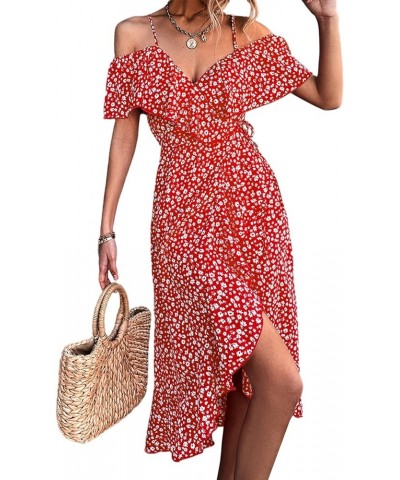 Women's Boho Floral Spaghetti Strap V Neck Off Shoulder Ruffle Hem Warp Midi Dress Red Floral $20.09 Dresses