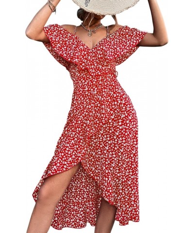 Women's Boho Floral Spaghetti Strap V Neck Off Shoulder Ruffle Hem Warp Midi Dress Red Floral $20.09 Dresses