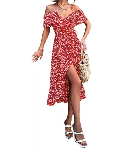 Women's Boho Floral Spaghetti Strap V Neck Off Shoulder Ruffle Hem Warp Midi Dress Red Floral $20.09 Dresses