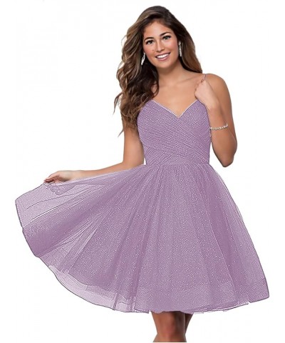 Short V-Neck Tulle Homecoming Dresses Sparkly for Teens Spaghetti Straps Cocktail Dresses WD039 Lilac $27.00 Dresses