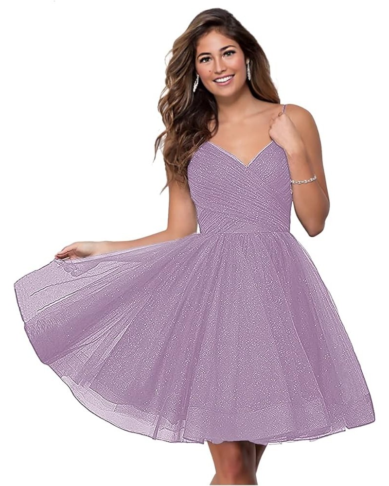 Short V-Neck Tulle Homecoming Dresses Sparkly for Teens Spaghetti Straps Cocktail Dresses WD039 Lilac $27.00 Dresses