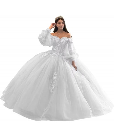 Floral Quinceanera Dresses with Sleeves Giltter Tulle Ball Gown Puffy Lace Off Shoulder Sweet 16 Dresses Party Gowns White $4...