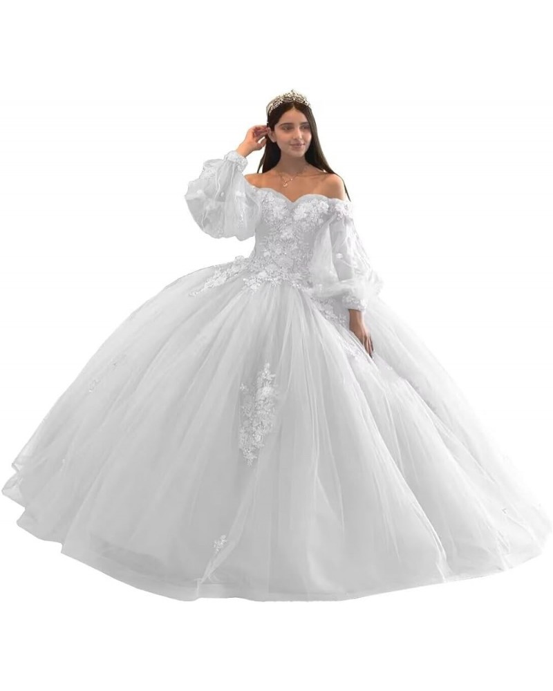 Floral Quinceanera Dresses with Sleeves Giltter Tulle Ball Gown Puffy Lace Off Shoulder Sweet 16 Dresses Party Gowns White $4...