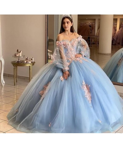 Floral Quinceanera Dresses with Sleeves Giltter Tulle Ball Gown Puffy Lace Off Shoulder Sweet 16 Dresses Party Gowns White $4...