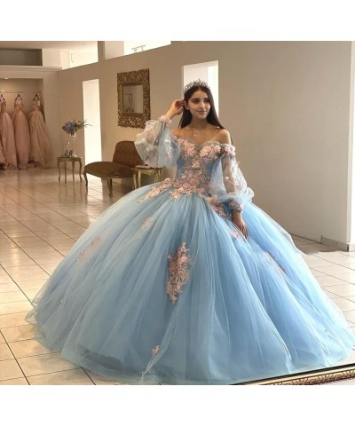 Floral Quinceanera Dresses with Sleeves Giltter Tulle Ball Gown Puffy Lace Off Shoulder Sweet 16 Dresses Party Gowns White $4...