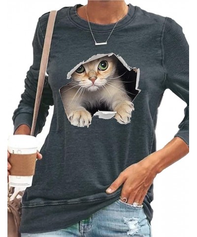 2022 Spring Summer New Women's Tunics Round Neck Blouses Ladies Casual Cute Cat Animal T-Shirts Gray $10.82 T-Shirts