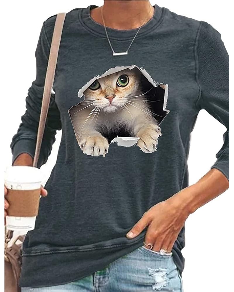 2022 Spring Summer New Women's Tunics Round Neck Blouses Ladies Casual Cute Cat Animal T-Shirts Gray $10.82 T-Shirts