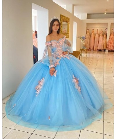 Floral Quinceanera Dresses with Sleeves Giltter Tulle Ball Gown Puffy Lace Off Shoulder Sweet 16 Dresses Party Gowns White $4...