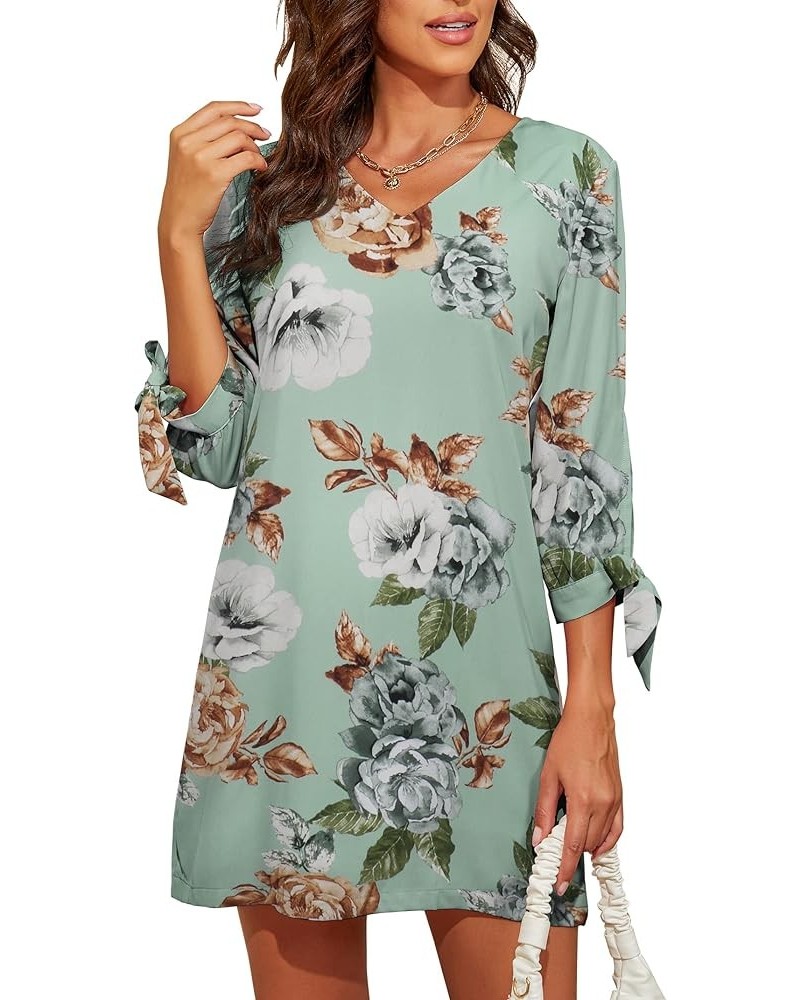 Women's 2024 Summer Dress Sweet & Cute V-Neck Self Tie 3/4 Sleeve Casual Shift Dress Lake Blue Peony-2102 $21.07 Dresses