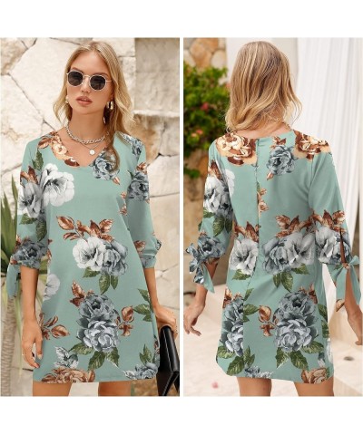 Women's 2024 Summer Dress Sweet & Cute V-Neck Self Tie 3/4 Sleeve Casual Shift Dress Lake Blue Peony-2102 $21.07 Dresses