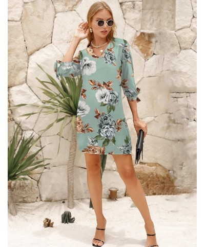 Women's 2024 Summer Dress Sweet & Cute V-Neck Self Tie 3/4 Sleeve Casual Shift Dress Lake Blue Peony-2102 $21.07 Dresses