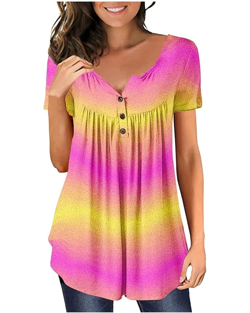 Sexy Tops for Women Plus Size Loose Gradient Shirt Short Sleeve Summer Top Tunic Button V-Neck Blouse Tees 05-hot Pink $5.60 ...