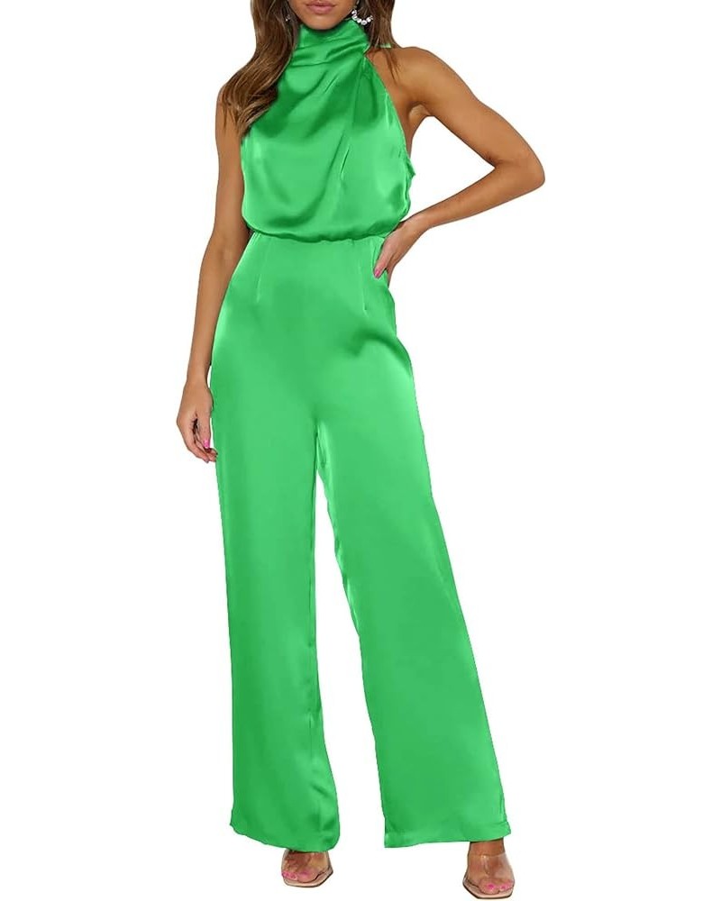 Women's Satin Jumpsuits 2024 Summer One Piece Outfits Mock Neck Sleeveless Wide Leg Pants Rompers Grass Green $22.96 Jumpsuits