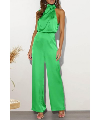 Women's Satin Jumpsuits 2024 Summer One Piece Outfits Mock Neck Sleeveless Wide Leg Pants Rompers Grass Green $22.96 Jumpsuits