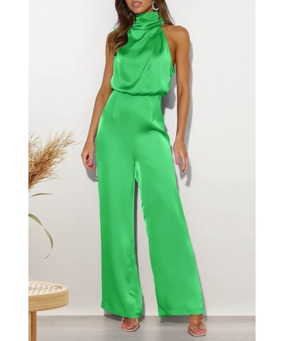 Women's Satin Jumpsuits 2024 Summer One Piece Outfits Mock Neck Sleeveless Wide Leg Pants Rompers Grass Green $22.96 Jumpsuits