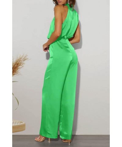 Women's Satin Jumpsuits 2024 Summer One Piece Outfits Mock Neck Sleeveless Wide Leg Pants Rompers Grass Green $22.96 Jumpsuits