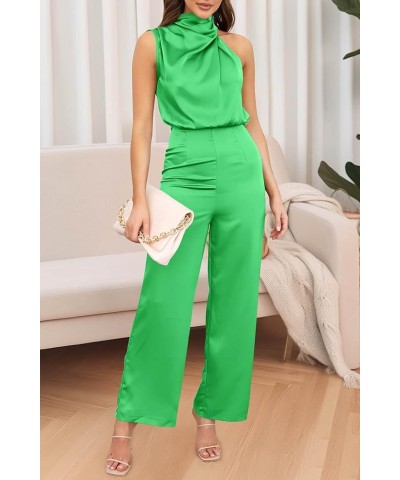 Women's Satin Jumpsuits 2024 Summer One Piece Outfits Mock Neck Sleeveless Wide Leg Pants Rompers Grass Green $22.96 Jumpsuits