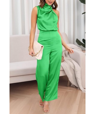 Women's Satin Jumpsuits 2024 Summer One Piece Outfits Mock Neck Sleeveless Wide Leg Pants Rompers Grass Green $22.96 Jumpsuits