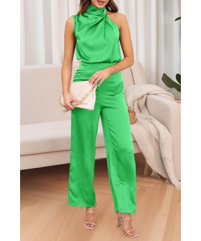 Women's Satin Jumpsuits 2024 Summer One Piece Outfits Mock Neck Sleeveless Wide Leg Pants Rompers Grass Green $22.96 Jumpsuits