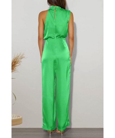 Women's Satin Jumpsuits 2024 Summer One Piece Outfits Mock Neck Sleeveless Wide Leg Pants Rompers Grass Green $22.96 Jumpsuits