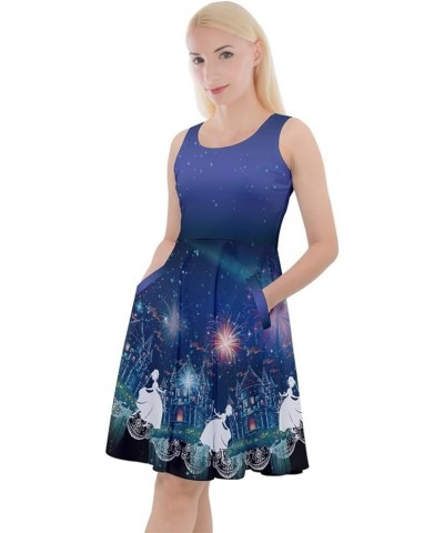 Womens Sun Dress Starry Night Moon Stars Space Constellation Planets Mrs Frizzle Knee Length Pocket Skater Dress Blue Night $...