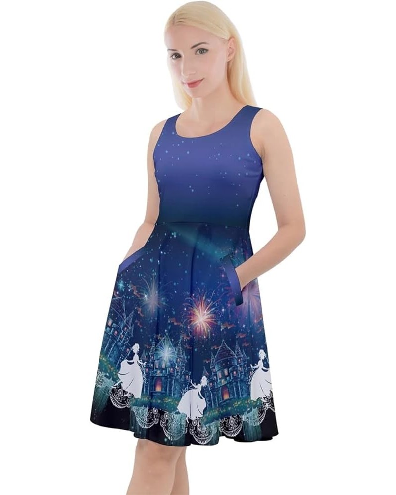 Womens Sun Dress Starry Night Moon Stars Space Constellation Planets Mrs Frizzle Knee Length Pocket Skater Dress Blue Night $...