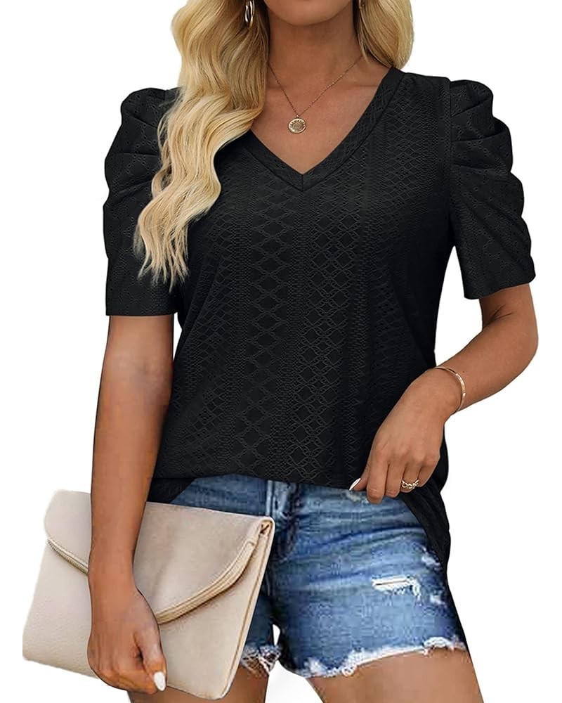 Women's Summer Tops Trendy V Neck T Shirts Puff Sleeve Casual Flowy 07a-black $10.43 T-Shirts