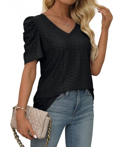 Women's Summer Tops Trendy V Neck T Shirts Puff Sleeve Casual Flowy 07a-black $10.43 T-Shirts