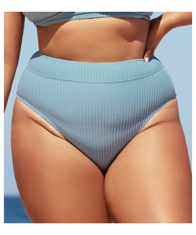 Women Swimsuit Plus Size Bikini Bottom High Waisted Ribbed Texture Modest Widen Band Bathing Suit Light Blue $17.99 Swimsuits