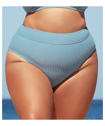 Women Swimsuit Plus Size Bikini Bottom High Waisted Ribbed Texture Modest Widen Band Bathing Suit Light Blue $17.99 Swimsuits