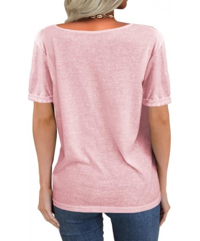 Women Summer Deep V-Neck Short Sleeve Tops Fashion Casual Solid Loose Basic T Shirt Pink $11.25 Tops