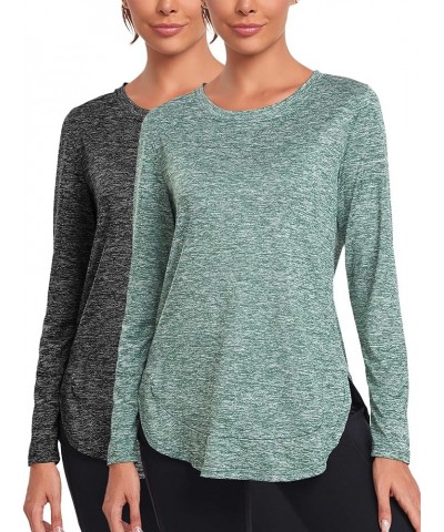 Women's Long Sleeve Workout Shirts Running Yoga Tops Athletic Sport Tee Side Split Black/Green $12.91 Activewear