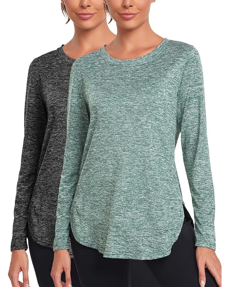 Women's Long Sleeve Workout Shirts Running Yoga Tops Athletic Sport Tee Side Split Black/Green $12.91 Activewear