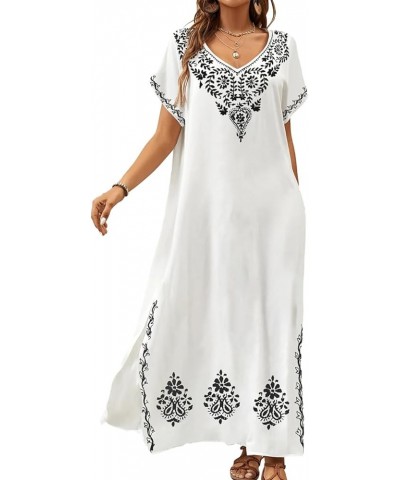 Embroidered Kaftan Dresses for Women Swimsuit Cover Ups Beach Caftan Maxi Dress C-white $20.64 Swimsuits