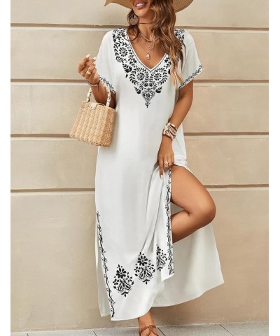 Embroidered Kaftan Dresses for Women Swimsuit Cover Ups Beach Caftan Maxi Dress C-white $20.64 Swimsuits