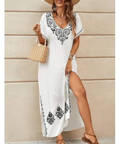 Embroidered Kaftan Dresses for Women Swimsuit Cover Ups Beach Caftan Maxi Dress C-white $20.64 Swimsuits