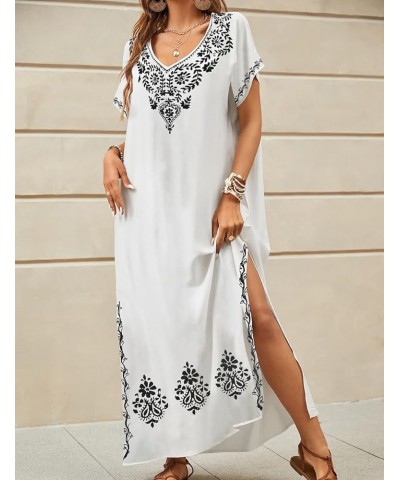 Embroidered Kaftan Dresses for Women Swimsuit Cover Ups Beach Caftan Maxi Dress C-white $20.64 Swimsuits