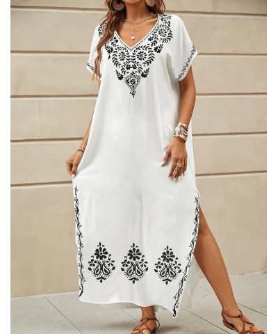 Embroidered Kaftan Dresses for Women Swimsuit Cover Ups Beach Caftan Maxi Dress C-white $20.64 Swimsuits