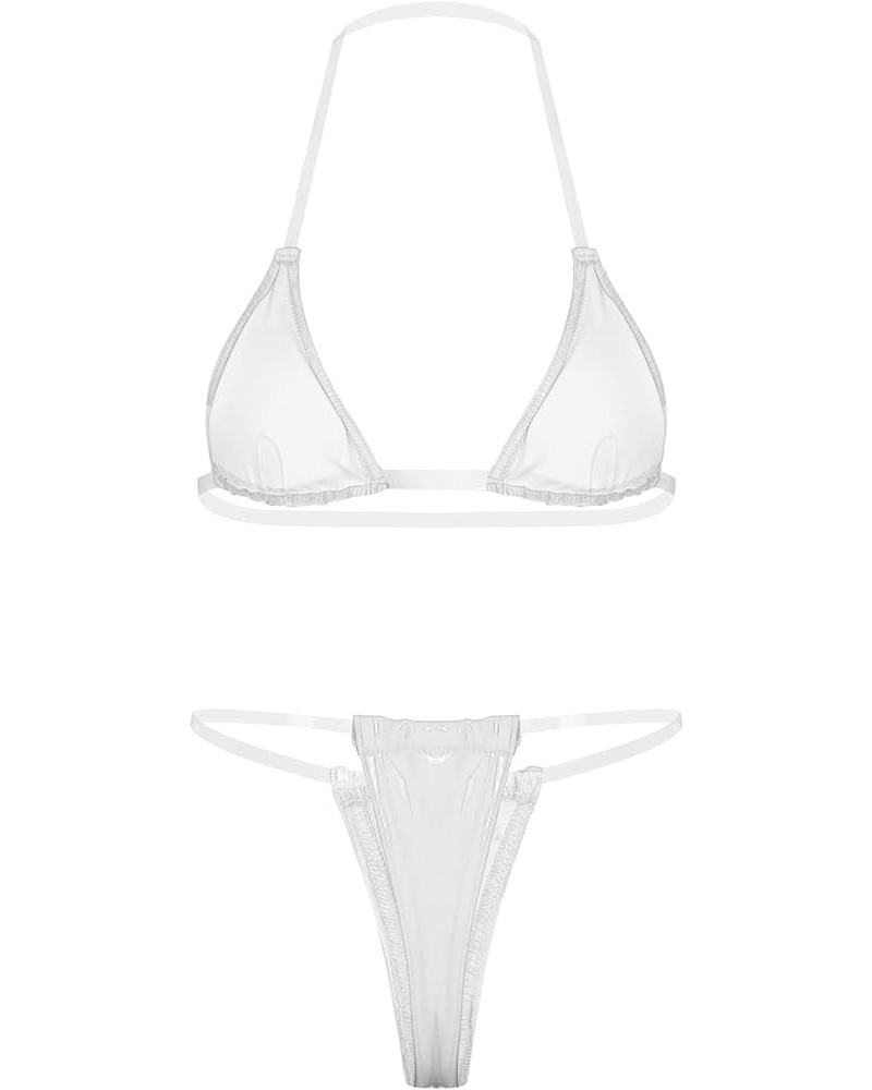 Women Sexy Push-Up Clear Strap Swimwear Bikini Micro Thong Swimsuit Bandeau Bikini Set Biquinis White $6.86 Swimsuits