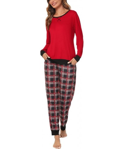 Men & Women Pajama Sets for Couples Long Sleeve Sleepwear Plaid Striped Pants Loungewear Set with Pockets Women Red2- Mixed T...