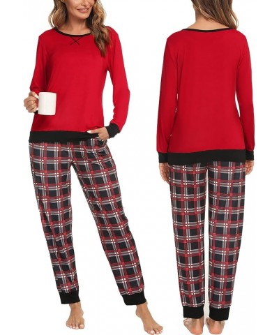 Men & Women Pajama Sets for Couples Long Sleeve Sleepwear Plaid Striped Pants Loungewear Set with Pockets Women Red2- Mixed T...