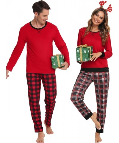 Men & Women Pajama Sets for Couples Long Sleeve Sleepwear Plaid Striped Pants Loungewear Set with Pockets Women Red2- Mixed T...