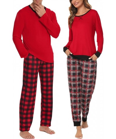 Men & Women Pajama Sets for Couples Long Sleeve Sleepwear Plaid Striped Pants Loungewear Set with Pockets Women Red2- Mixed T...