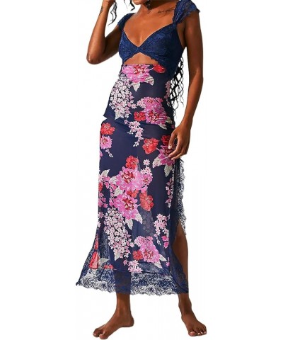 Women Sleeveless Maxi Dress Backless Bodycon Floral Printed Spaghetti Strap Long Dress Hollow Out One-Piece Summer 1dark Blue...