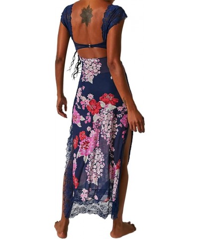 Women Sleeveless Maxi Dress Backless Bodycon Floral Printed Spaghetti Strap Long Dress Hollow Out One-Piece Summer 1dark Blue...